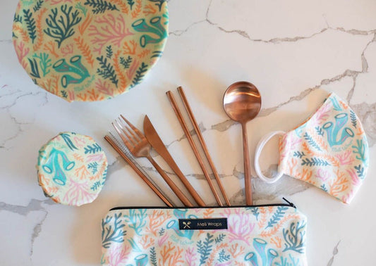 Meli Wraps Reef Travel Eco Pack cutlery set with reusable utensils and straw in a compact, eco-friendly carry case.