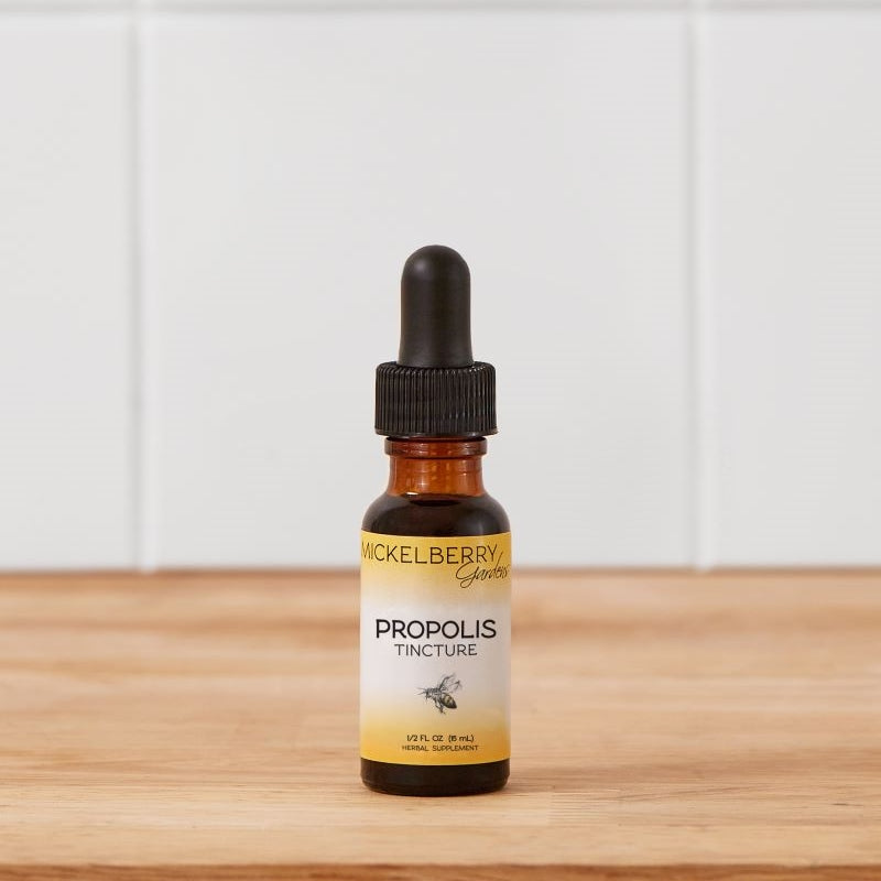 Mickelberry Gardens honey tonic Propolis Tincture in a 0.5oz bottle, natural herbal remedy for immune support.