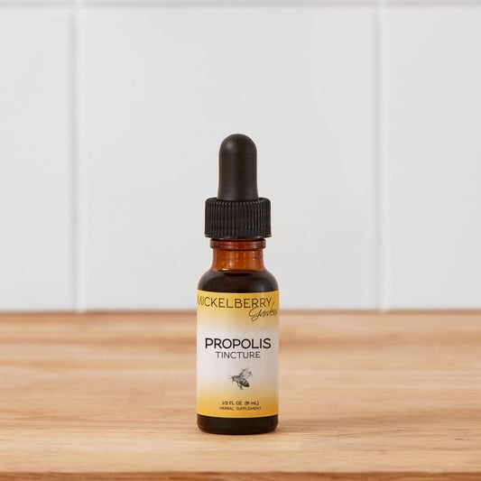 Mickelberry Gardens honey tonic Propolis Tincture in a 0.5oz bottle, natural herbal remedy for immune support.