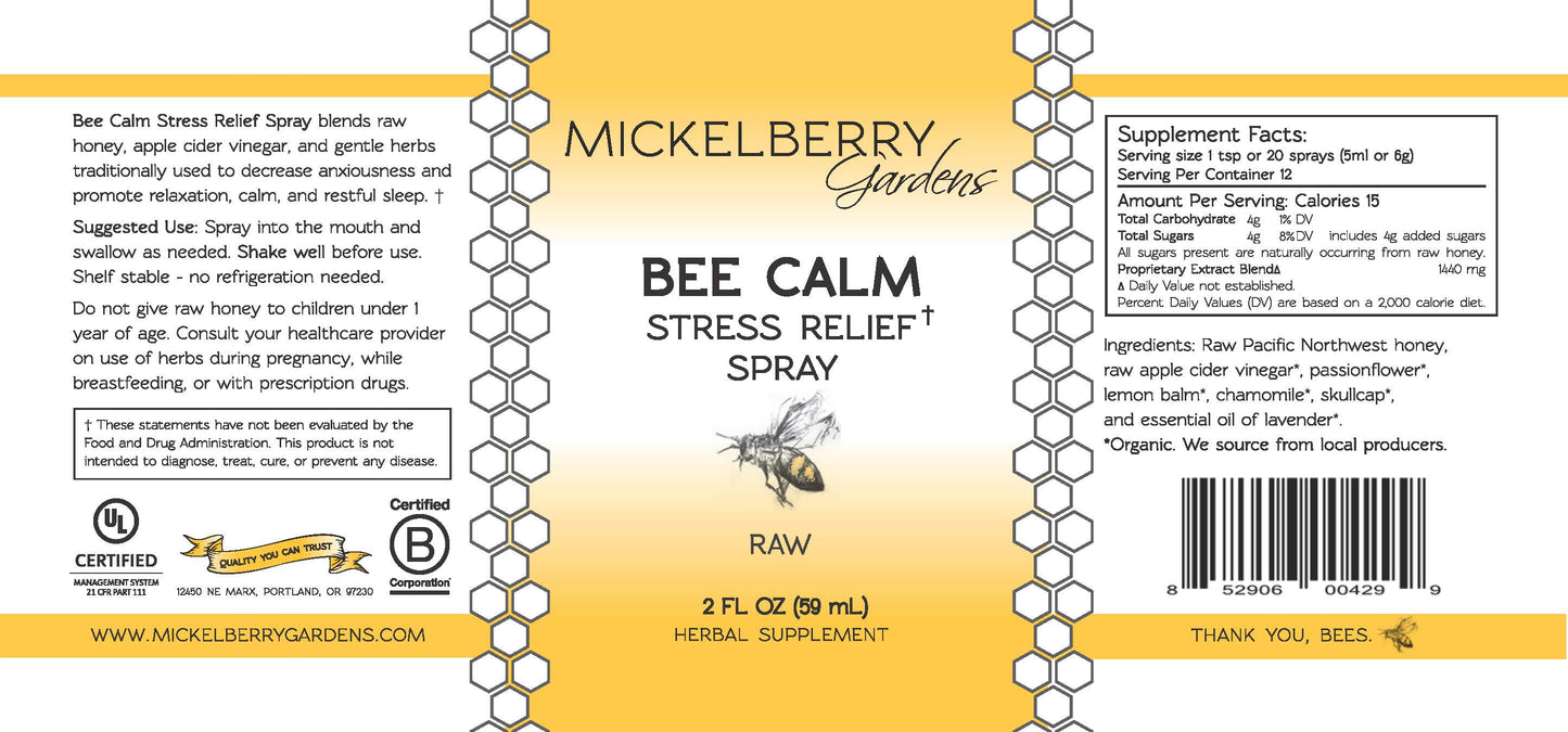 Mickelberry Gardens Bee Calm Stress Relief Spray honey tonic bottle with label, 2oz natural stress relief product.