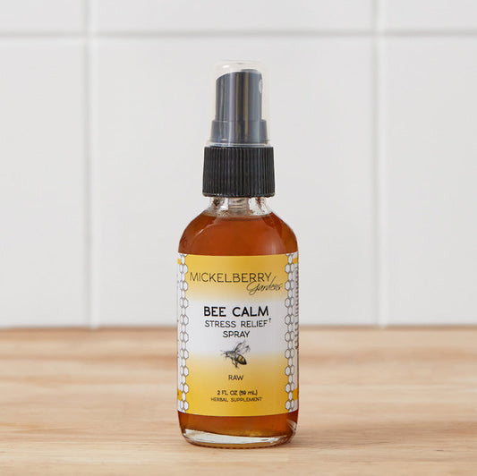 Mickelberry Gardens Bee Calm Stress Relief Spray in a 2oz honey tonic bottle with a natural label and dropper cap.
