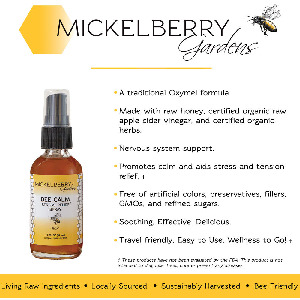 Mickelberry Gardens Bee Calm Stress Relief Spray honey tonic bottle with label and spray nozzle, natural stress relief remedy.