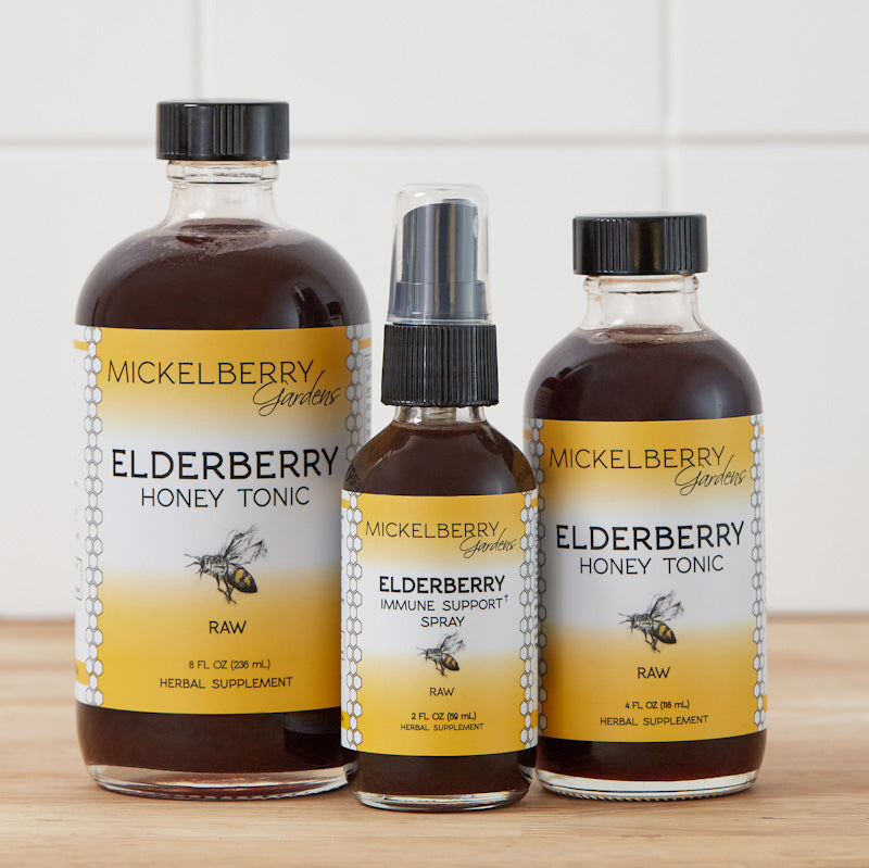 Mickelberry Gardens Elderberry Honey Tonic spray bottle with elderberry and honey ingredients, family-friendly natural remedy.