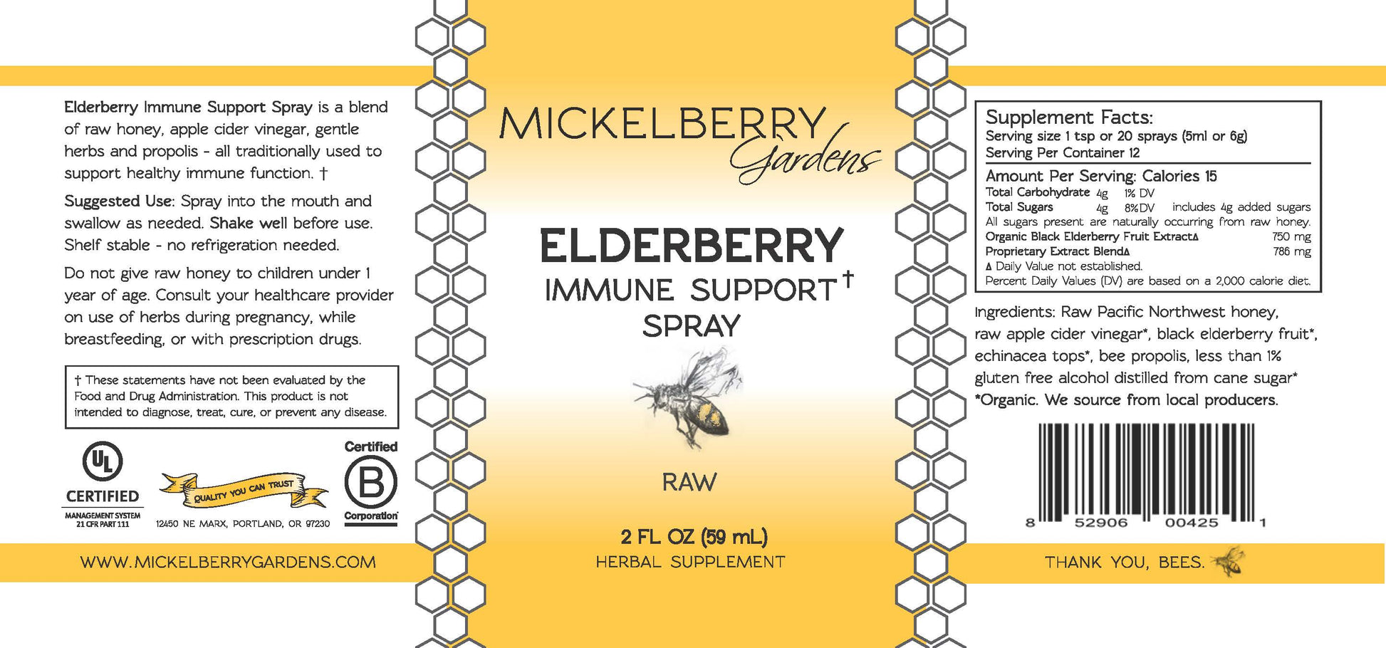 Mickelberry Gardens Elderberry Immune Support Spray label showing honey tonic, 2oz bottle with elderberry and immune support ingredients