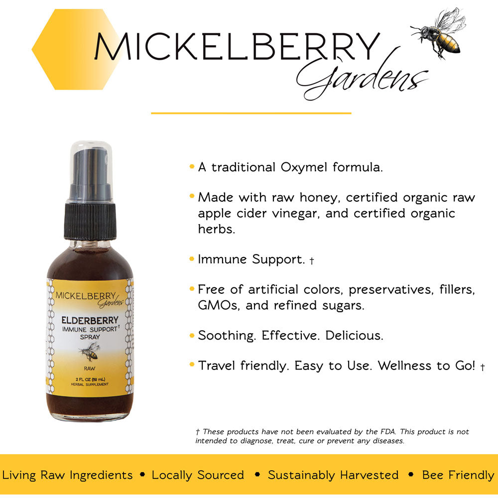 Mickelberry Gardens Elderberry Immune Support Spray in a honey tonic bottle, showcasing the herbal immune booster product.