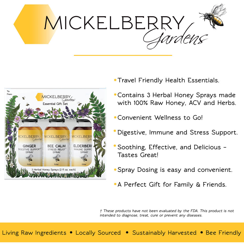 Mickelberry Gardens Honey Tonic Essential Gift Set with bottles of honey and herbal tonic in a decorative box.
