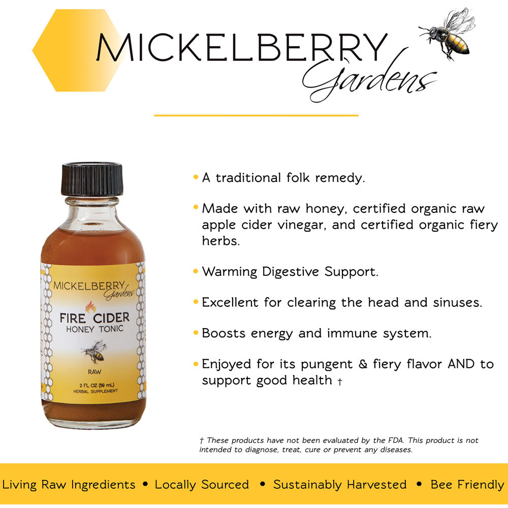 Mickelberry Gardens Fire Cider Honey Tonic in a 2oz bottle, showing the label and product packaging.