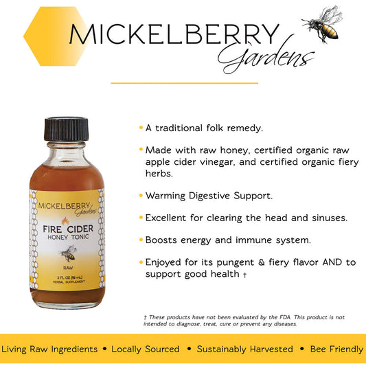 Mickelberry Gardens Fire Cider Honey Tonic in a 2oz bottle, showing the label and product packaging.