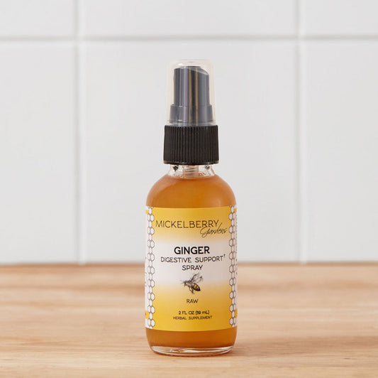 Mickelberry Gardens Ginger Digestive Support Spray in a 2oz honey tonic bottle, designed to aid digestion naturally.