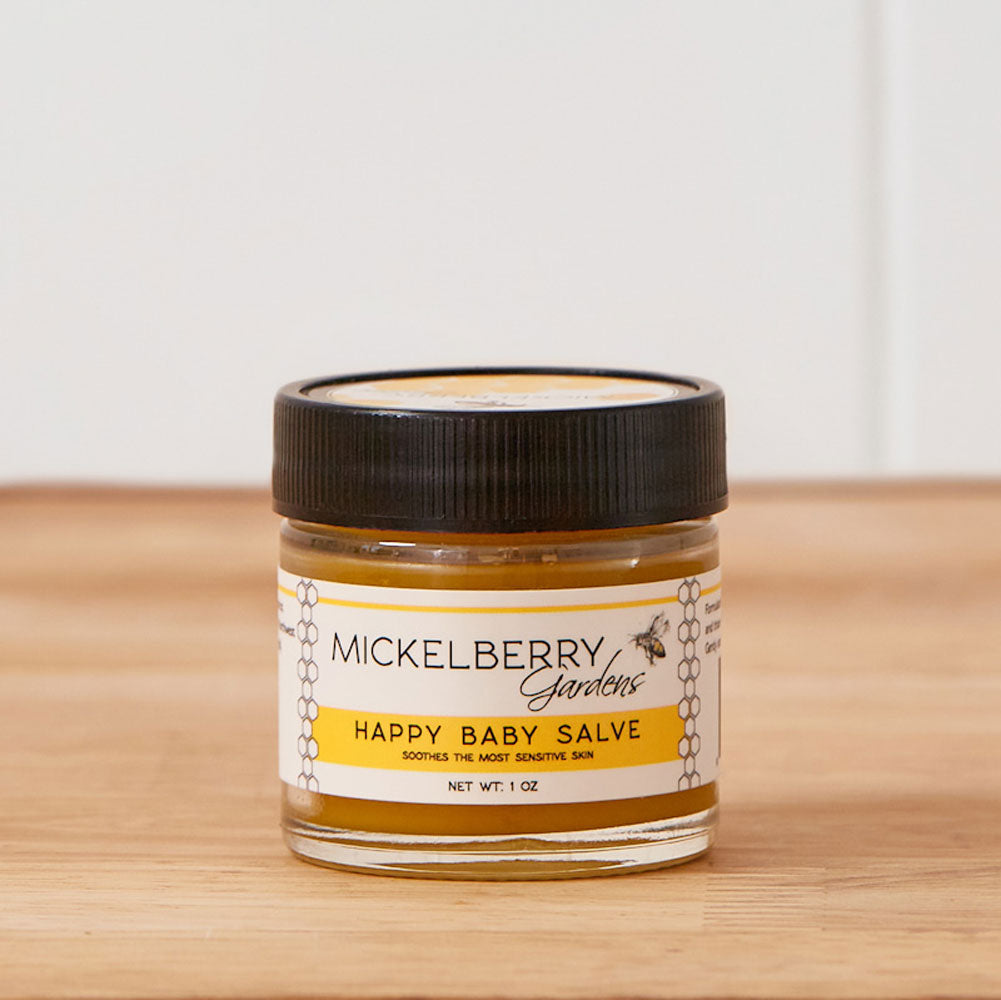 Mickelberry Gardens Happy Baby Salve in 1oz jar, natural skin care product for gentle soothing and moisturizing.