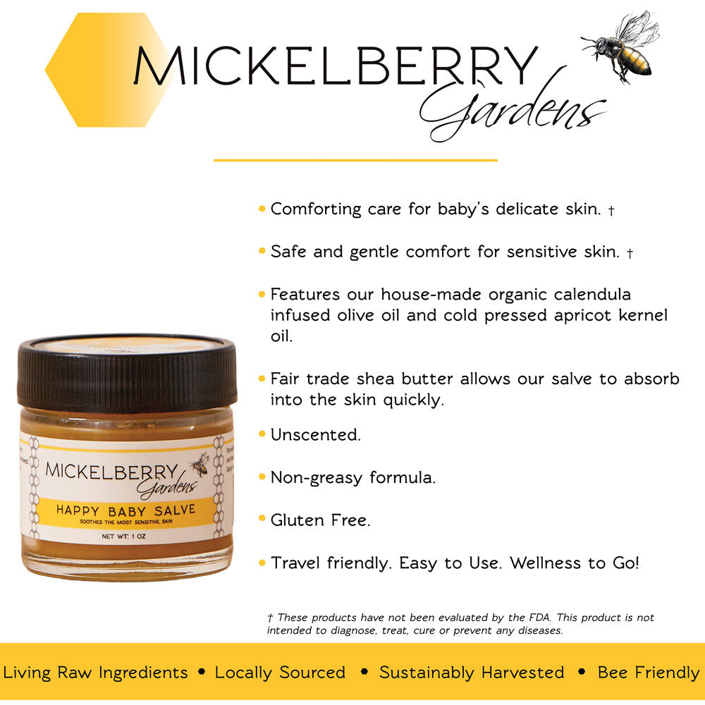 Mickelberry Gardens Happy Baby Salve in a jar, natural skin care product for gentle skin soothing and protection.