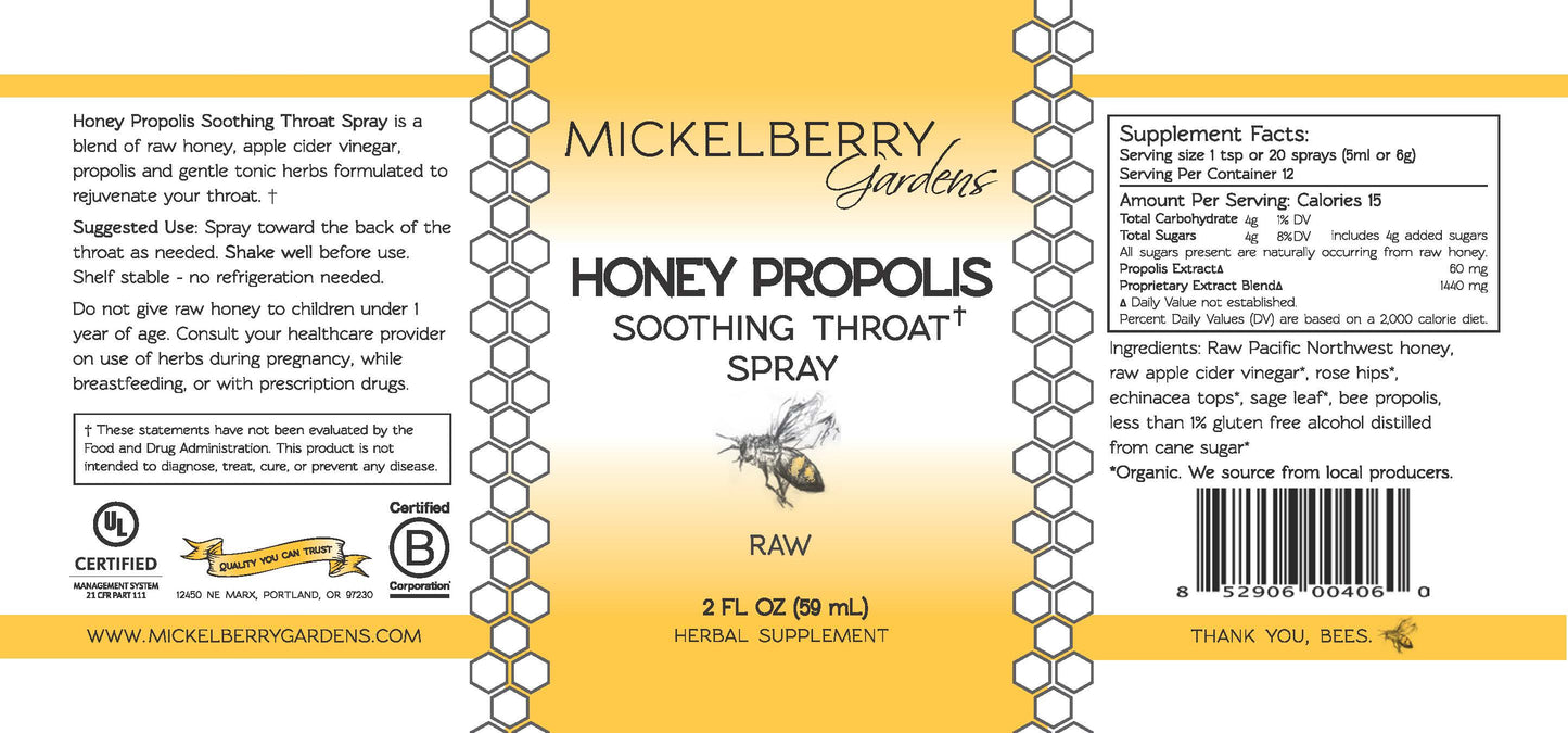 Mickelberry Gardens Honey Propolis Throat Spray bottle with label, 2oz honey tonic for soothing sore throats