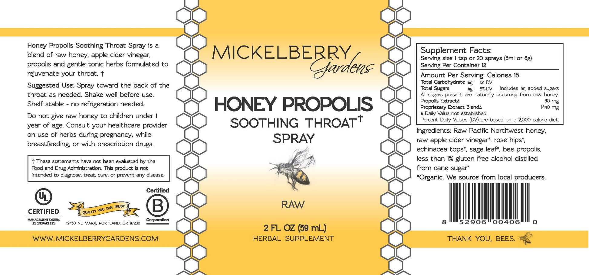 Mickelberry Gardens Honey Propolis Throat Spray bottle with label, 2oz honey tonic for soothing sore throats