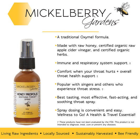 Mickelberry Gardens honey propolis throat spray in a clear bottle with a spray nozzle, showcasing its natural honey tonic ingredients.