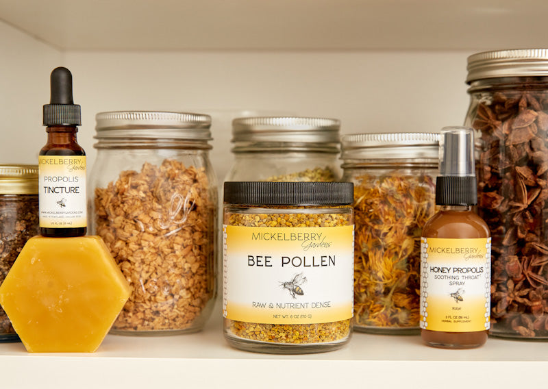Mickelberry Gardens Propolis Tincture in a .5oz bottle, natural honey tonic for immune support and soothing remedies.