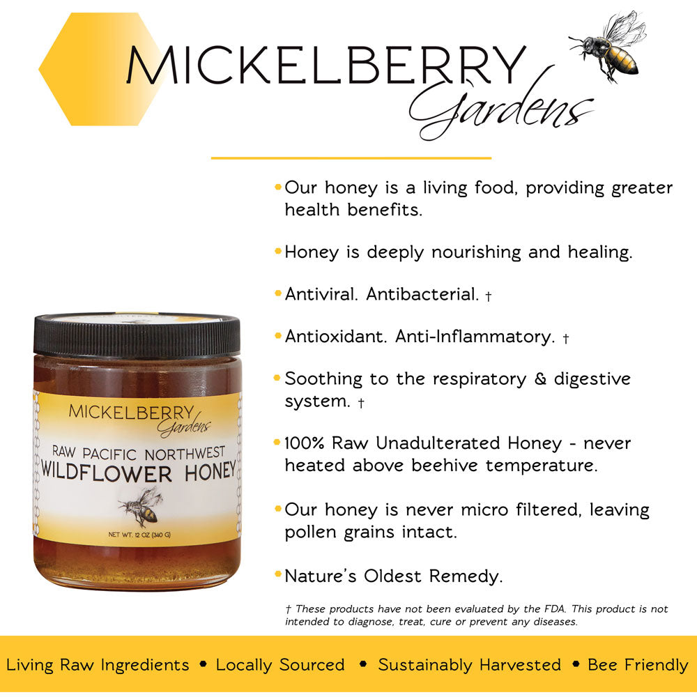 Jar of wildflower honey from Mickelberry Gardens, showcasing golden honey in a clear glass jar.