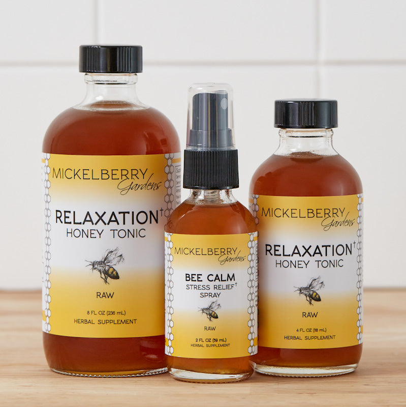Mickelberry Gardens Bee Calm Stress Relief Spray, Honey Tonic, with a bottle of relaxation spray and honey tonic in the image.