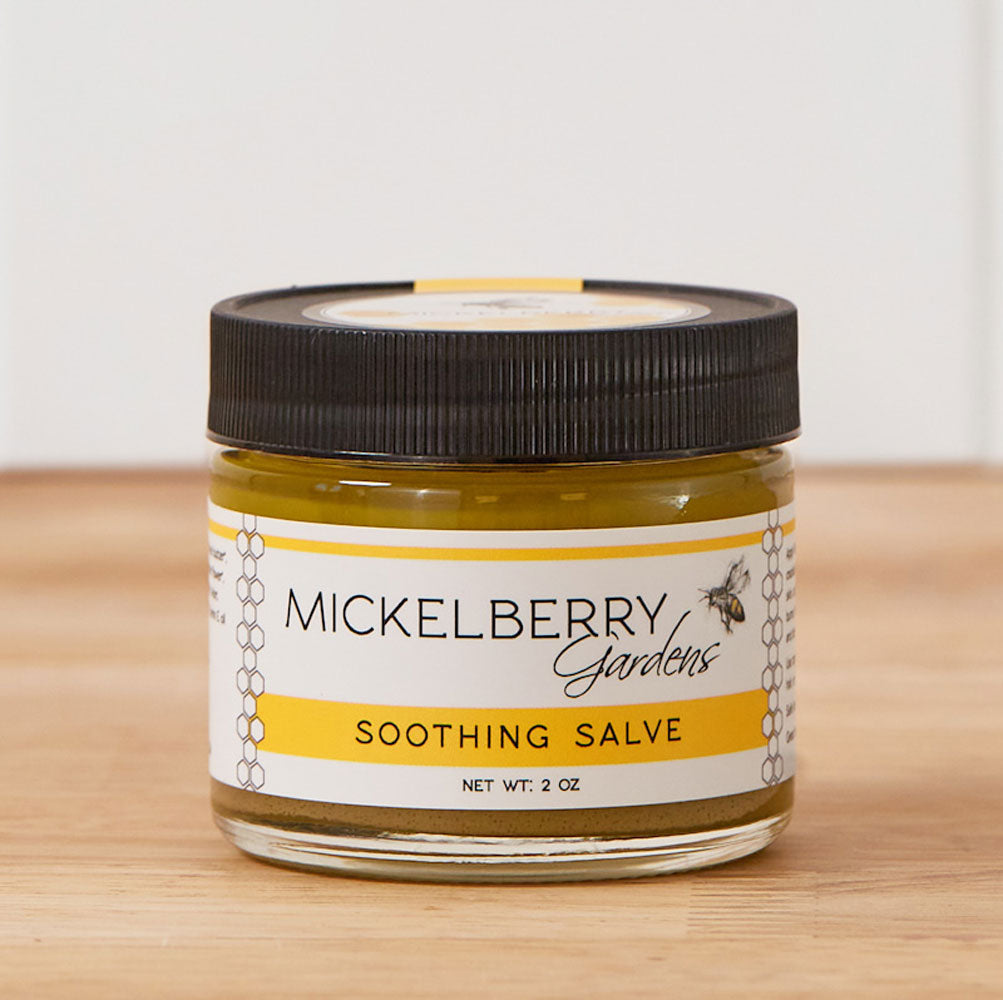 Mickelberry Gardens soothing salve in a 2oz jar, natural skin care product for gentle skin relief and hydration