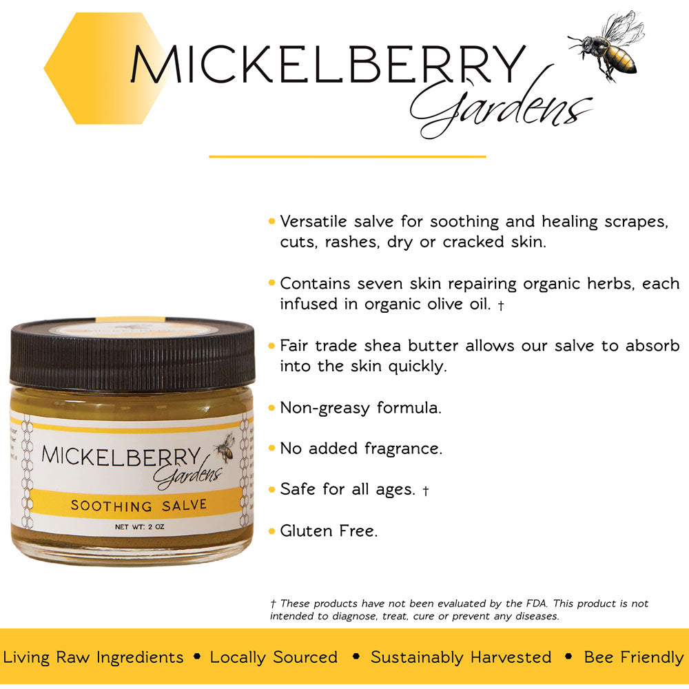 Mickelberry Gardens soothing skin care salve jar with herbal ingredients, designed to calm and nourish skin.