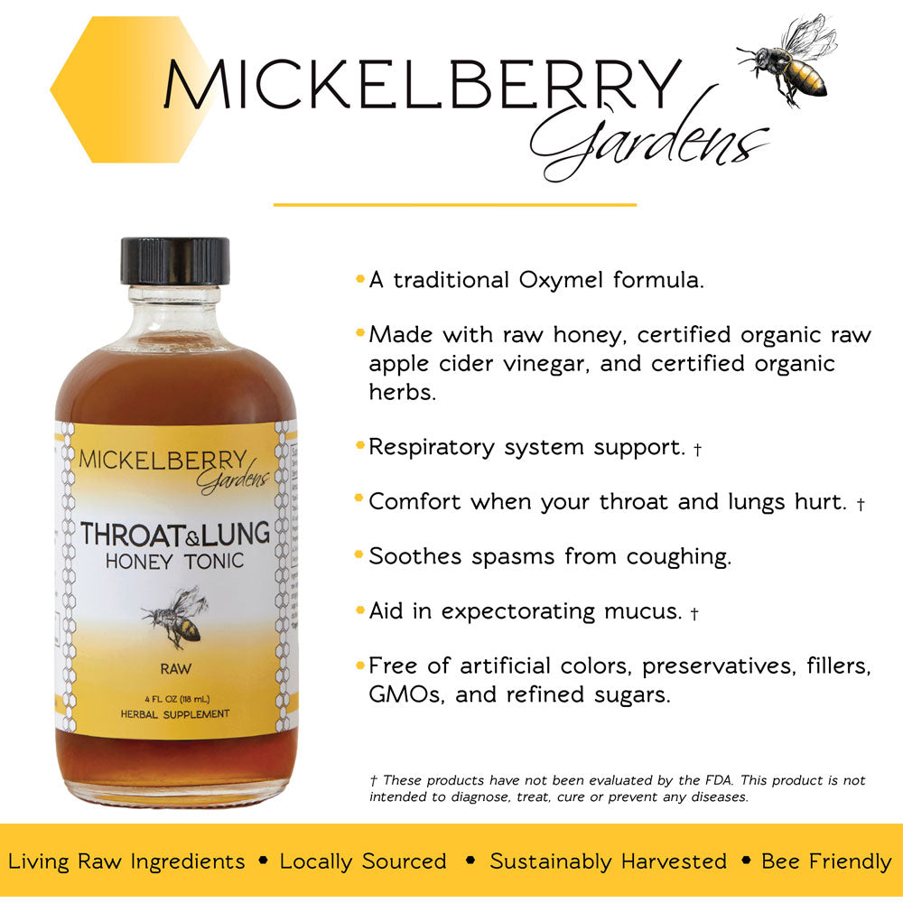 Mickelberry Gardens throat and lung honey tonic in a 4oz jar, featuring natural honey and herbal ingredients for soothing relief.