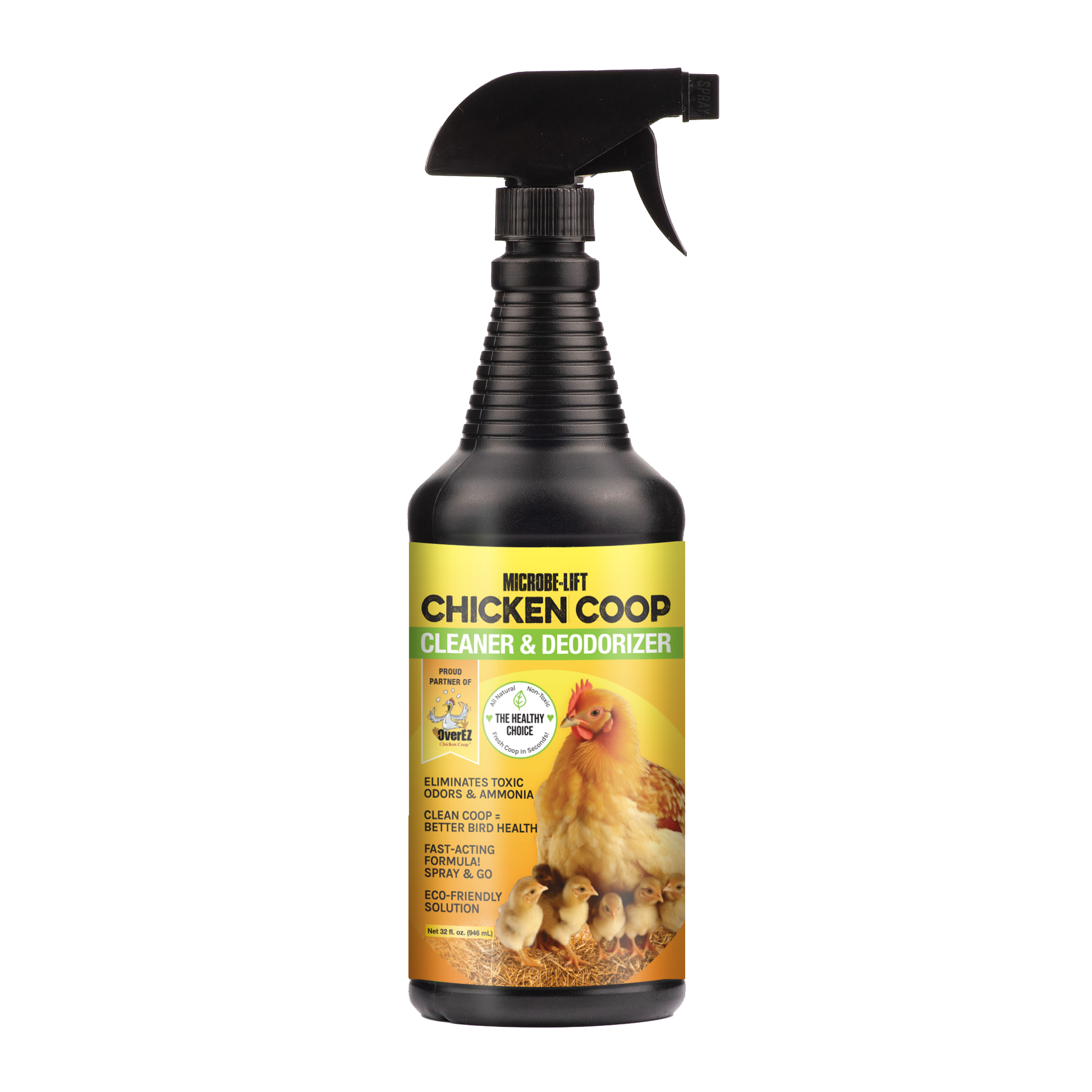 Microbe-Lift Chicken Coop Cleaner and Deodorizer by OverEZ, 32 oz bottle, showing the product container and label.
