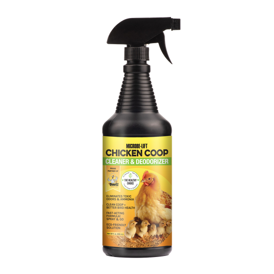 Microbe-Lift Chicken Coop Cleaner and Deodorizer by OverEZ, 32 oz bottle, showing the product container and label.