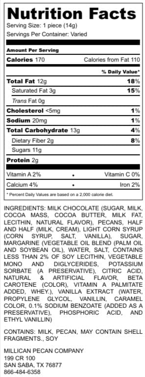 Milk chocolate Caramillicans pecan treats from Millican Pecan, showing the nutritional label on the packaging.