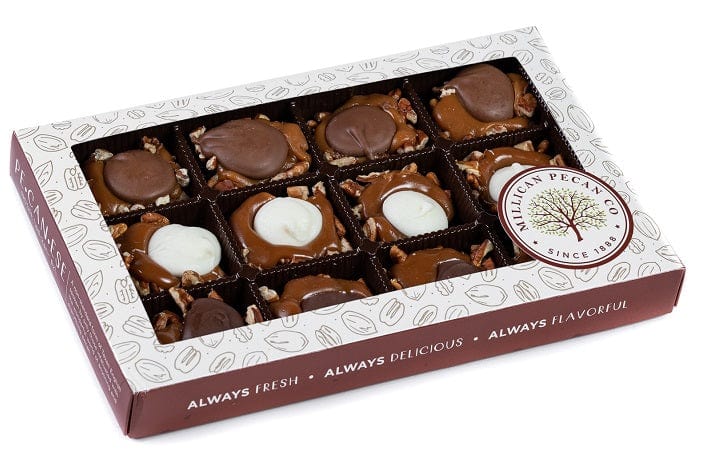 Millican Pecan 8oz gift box of combination 3-chocolate Caramillicans pecan treats, featuring rich chocolate and crunchy pecans.