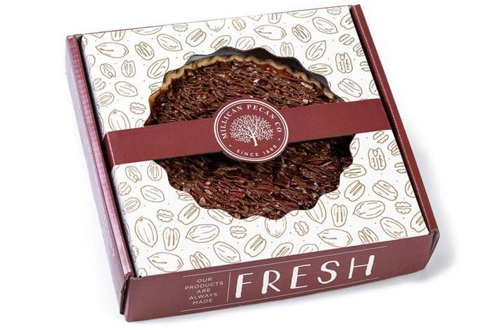 Millican Pecan Chocolate Pecan Pie with rich chocolate topping and toasted pecans on a flaky crust.