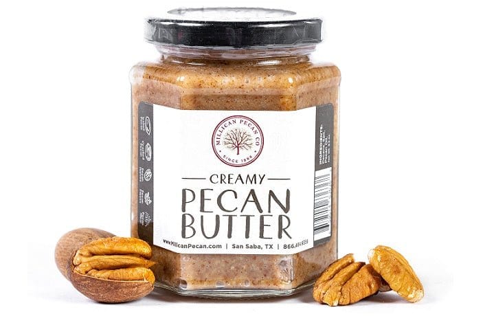 Creamy pecan butter by Millican Pecan in an 8.5oz jar, showing smooth, rich pecan spread with a natural, nutty appearance.