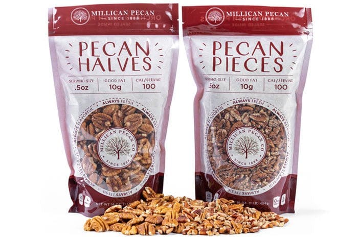 Fresh Millican Pecan halves and chopped pieces in a 1 lb bag, perfect for baking and snacking.