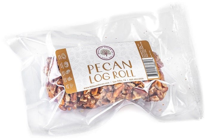 Millican Pecan Pecan Log Roll, a sweet treat with pecan filling and chocolate coating on a white background.