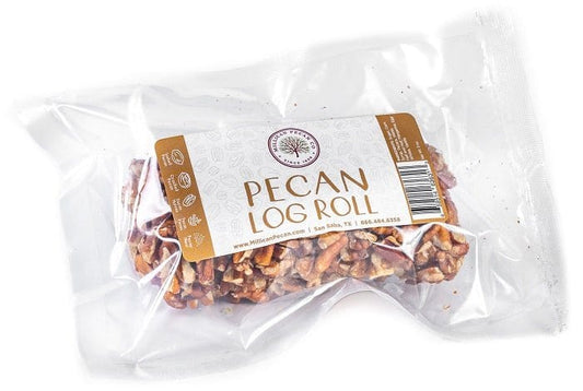 Millican Pecan Pecan Log Roll, a sweet treat with pecan filling and chocolate coating on a white background.