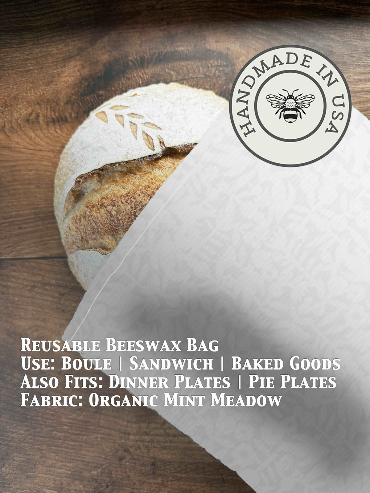 Beeswaxed bread bag from Five Oaks Farm with mint green fabric and natural beeswax coating, ideal for storing fresh baked bread.
