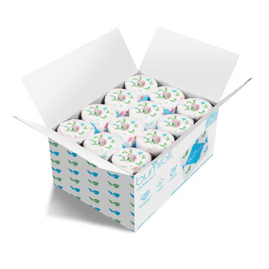 Join Bumroll bamboo toilet paper mockup showing soft, eco-friendly rolls made in the USA with sustainable packaging.