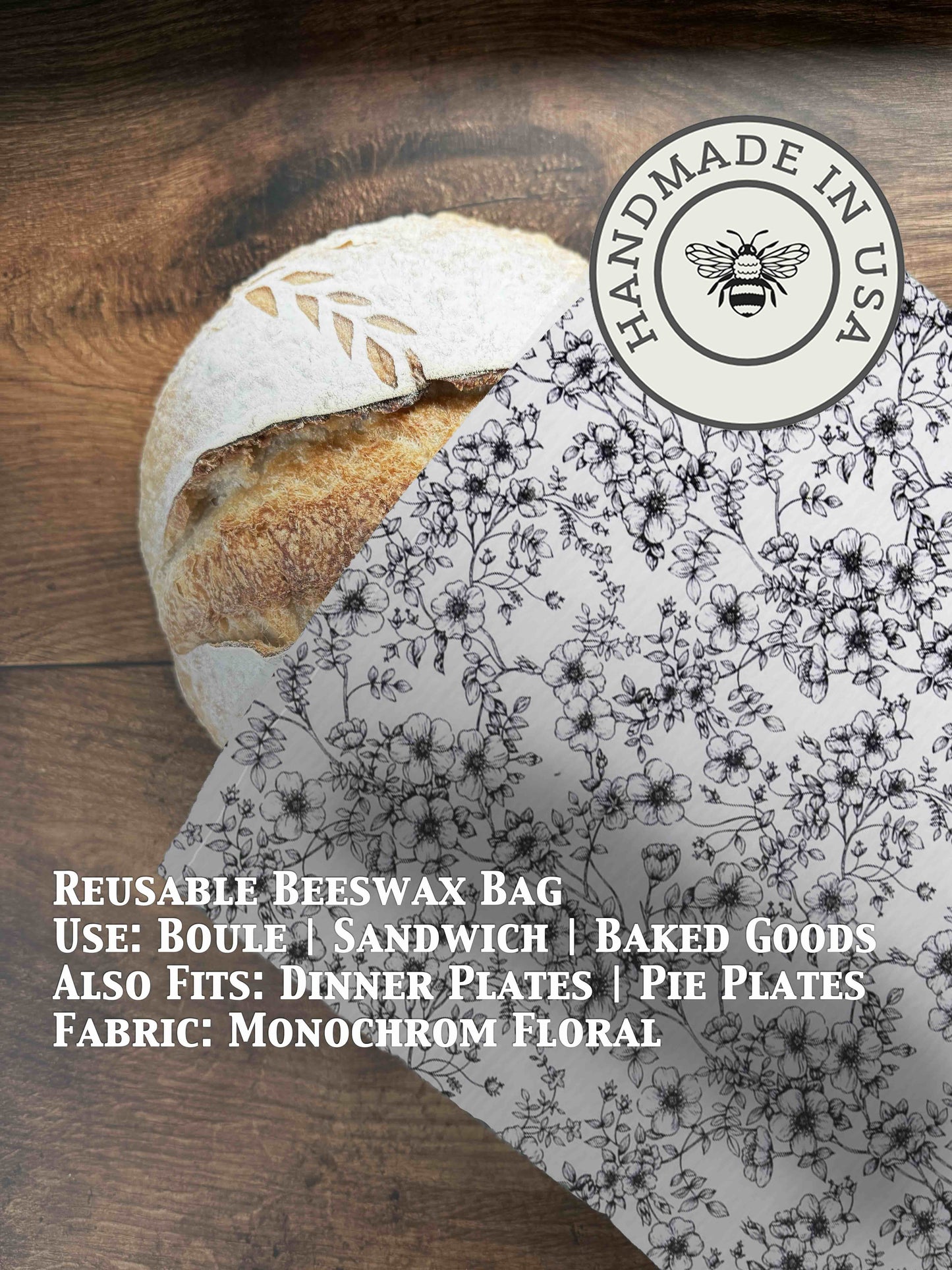 Beeswaxed bread bag from Five Oaks Farm with floral monochrome design, ideal for storing fresh bread naturally.