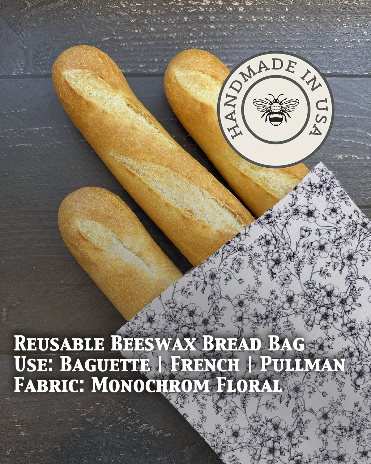 Beeswaxed baguette bag from Five Oaks Farm, monochrome fabric with natural farm-inspired design, durable and eco-friendly.