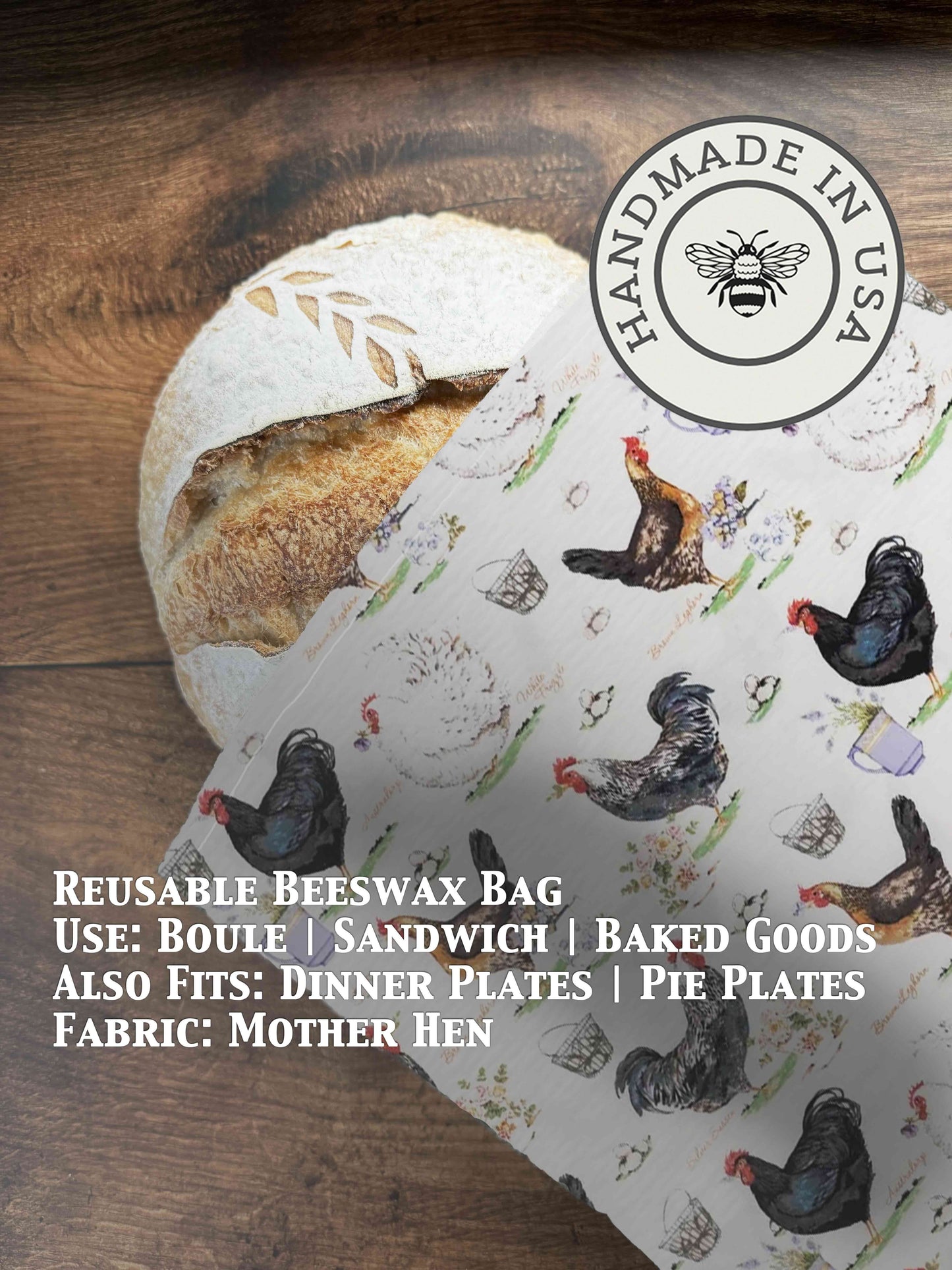 Beeswaxed bread bag from Five Oaks Farm featuring a mother hen illustration, made from natural fabric for storing bread.