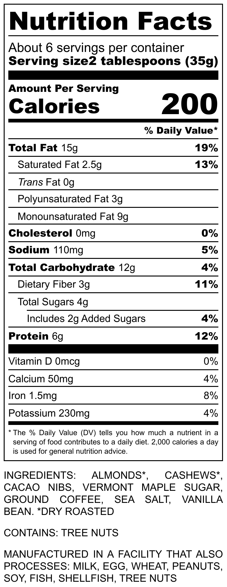 Close-up of the nutrition label on Mud Season Crunchy Cacao Nib & Coffee Nut Butter by Mixed Up Foods, 7.5 oz jar.