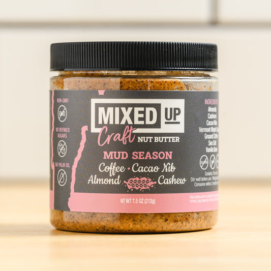 Creamy nut butter with crunchy cacao nibs and coffee flavors in a 7.5 oz jar from Mixed Up Foods' Mud Season collection.