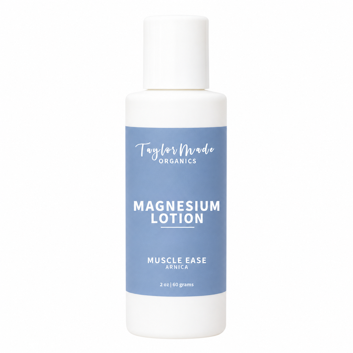 Taylor Made Organics Muscle Ease Organic Lotion with Magnesium, therapeutic lotion for soothing muscle relief, in a 2oz bottle.