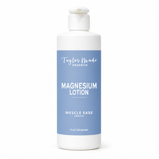 Taylor Made Organics Muscle Ease Organic Lotion with Magnesium, 8oz therapeutic lotion for muscle relief and relaxation.