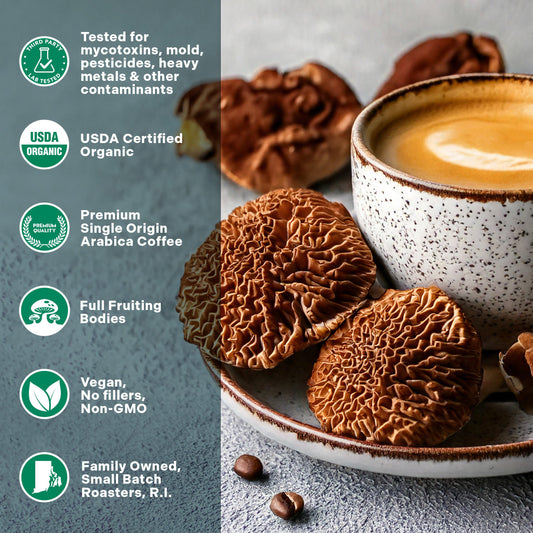 Turkey Tail and Cordyceps mushroom coffee adaptogens blend in a jar with a scoop, promoting mental clarity and immune support.