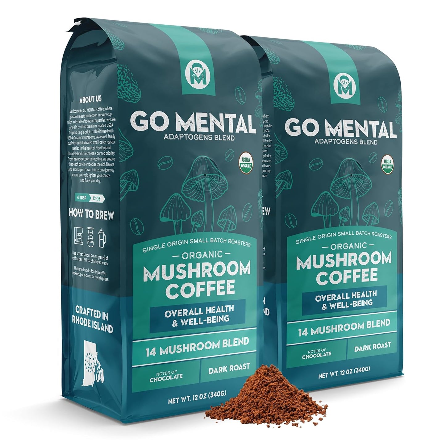 Cup of GO MENTAL MUSHROOM COFFEE 14 Mushroom Coffee Adaptogens Blend with brewed mushroom coffee in a mug.