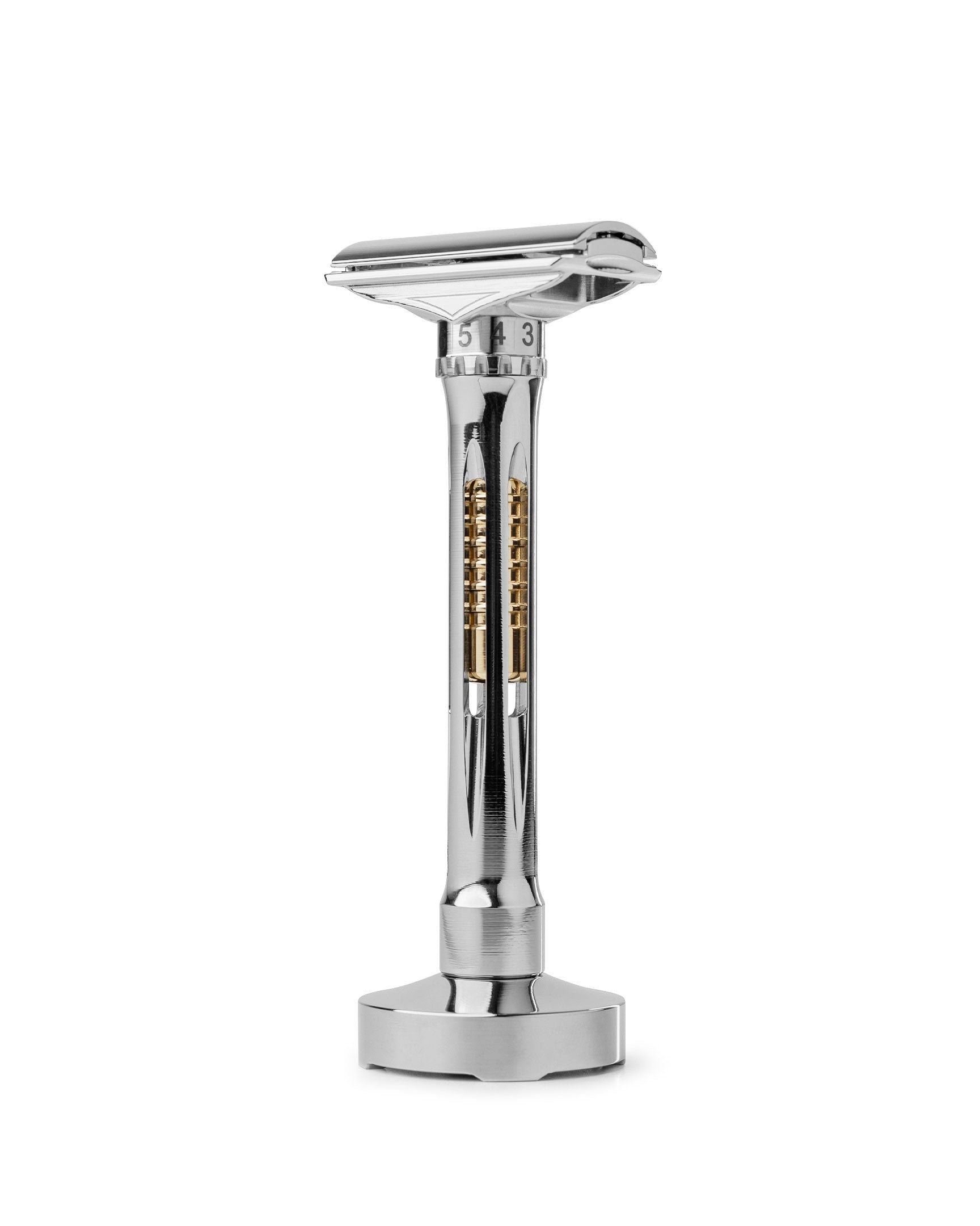 Polished Osprey Razor by Blackland Razors displayed on stand, showcasing sleek metal finish and craftsmanship.