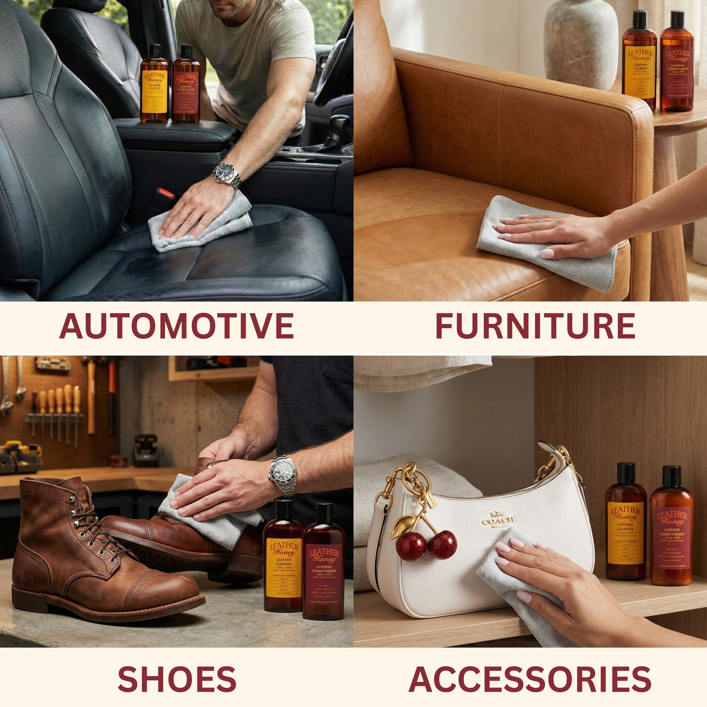 Leather Honey Leather Care Kit with 8oz bottles, includes cleaning and conditioning products for leather maintenance.