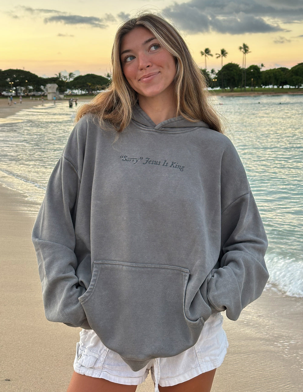 Unisex hoodie from Elevated Faith featuring "Not Sorry Jesus Is King" slogan, with a casual fit and comfortable design.