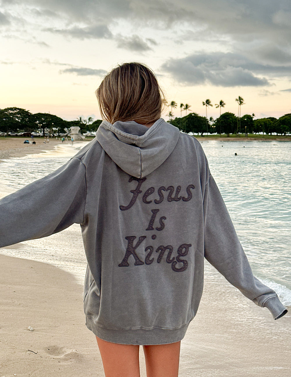 Unisex hoodie by Elevated Faith featuring a bold "Not Sorry Jesus Is King" graphic in black and white on soft fabric.