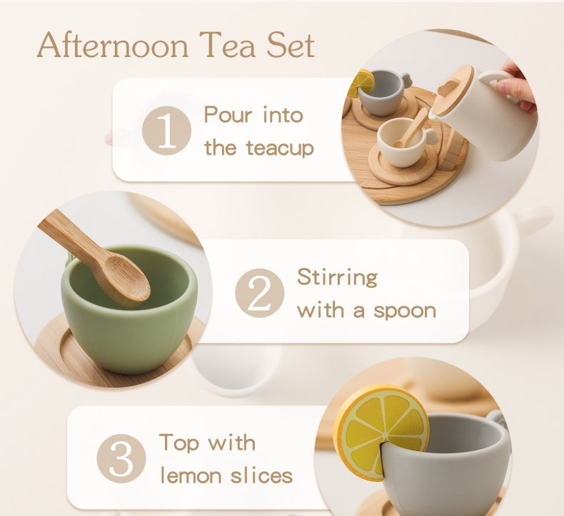 Petite Pioneers usable tea party toy set with colorful cups, teapot, and plates for imaginative play and pretend tea parties.
