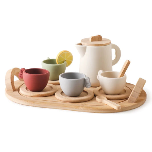 Petite Pioneers Usable Tea Party Set with toy teapots, cups, and plates for children’s pretend play and tea parties.